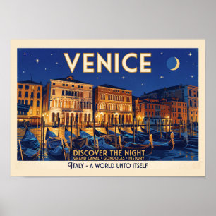 Poster Veneza à Noite Grande Canal Gôndolas Arte
