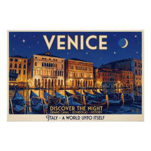 Pôster Veneza à Noite Grande Canal Gôndolas Arte