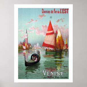 Poster Veneza, barcos de navigação, gôndola, vintage,