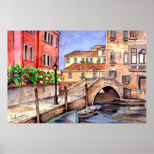 Poster Veneza Itália Caneta e Wash Watercolor