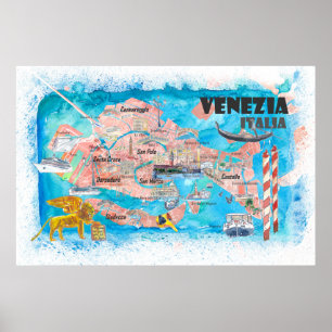 Poster Veneza Itália Mapa Ilustrado com Terras Canais Pr