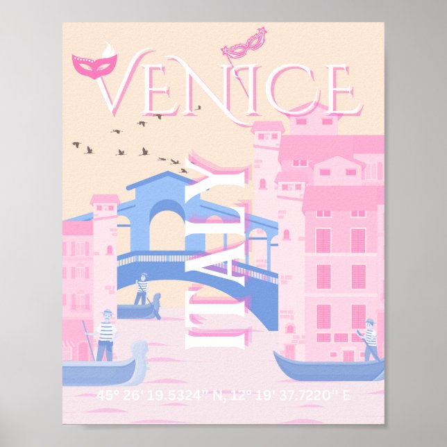 Poster Veneza Viagem Art, Itália, Viagem Art, rosa (Frente)