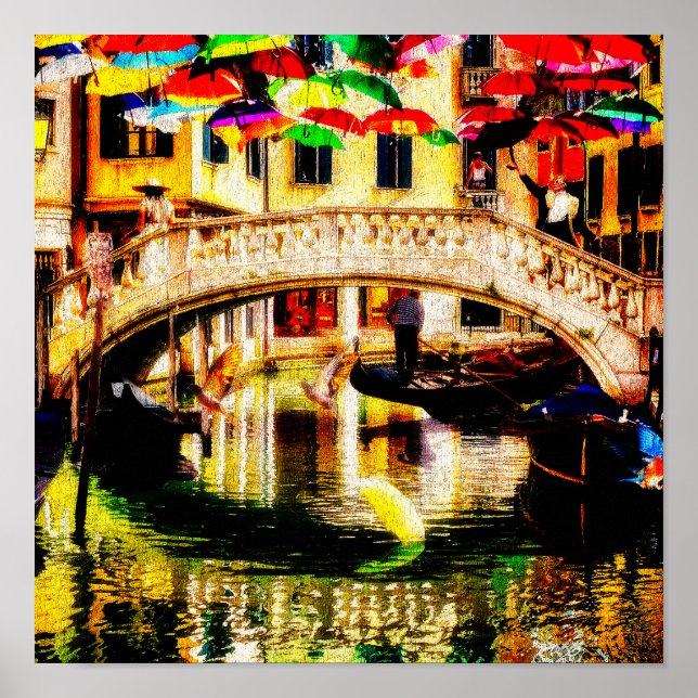 Poster Venice gondolas along the walkway umbrella and ☔  (Frente)