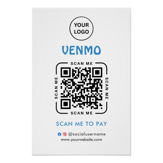 Pôster Venmo QR Code Payment | Scan to Pay Business Logo (Frente)