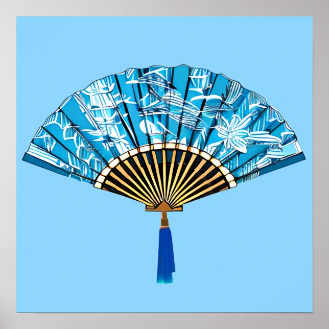 Poster Ventilador japonês azul e branco em turquesa (Frente)