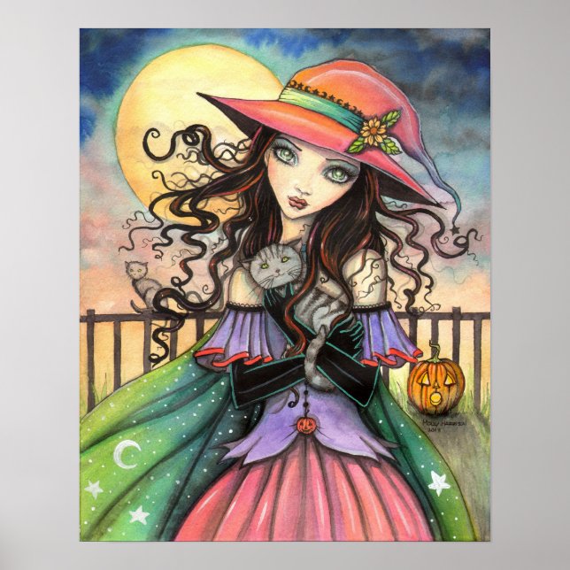 Pôster Ventos de Halloween Fantasy Art Witch e Tabby Cat (Frente)