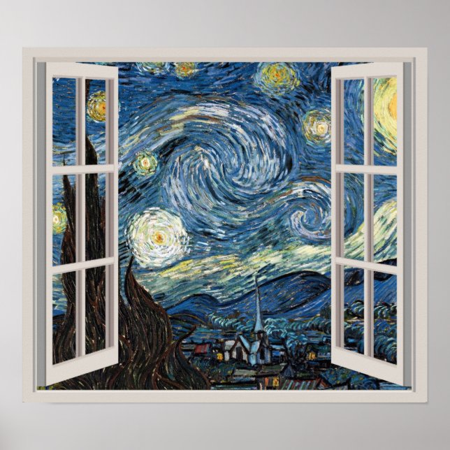 Pôster Ver Através De Uma Janela Para StarNight Van Gogh (Frente)