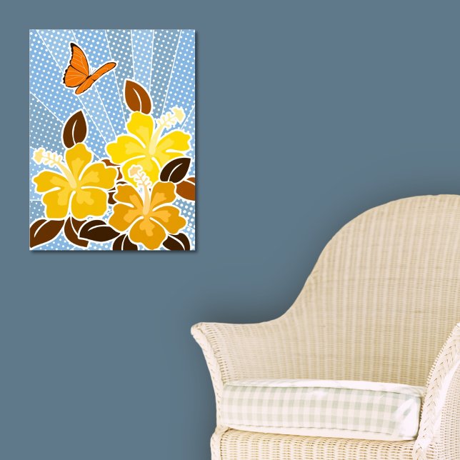 Poster Verão Amarelo-Amarelo-Hibiscus Borboleta Azul Céu (Summer Blooming Yellow Hibiscus Butterfly Blue Sky Poster, Entryway)