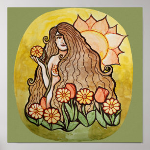 Poster Verão Deusa Sunshine Girassóis Jardinagem Verde