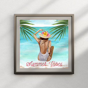 Poster verão vibe mulher nas férias tropicais de praia