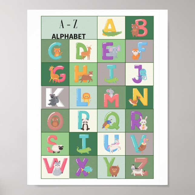 Poster Verde de Alfabeto para Sala de Nursery (Frente)