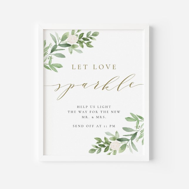 Poster Verde e Flor Branca............................... (Watercolor Greenery and White Flowers Let Love Sparkle Wedding Poster)