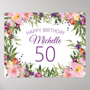 Poster Verde-Floral Púrpura Rosa Deixa 50 Anos