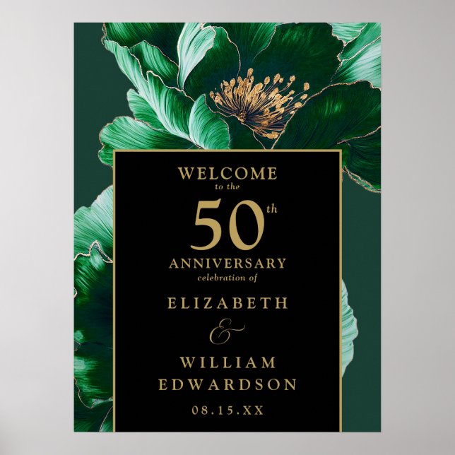 Poster Verde Preto Floral e Dourado Sinal de 50 Anos (Frente)