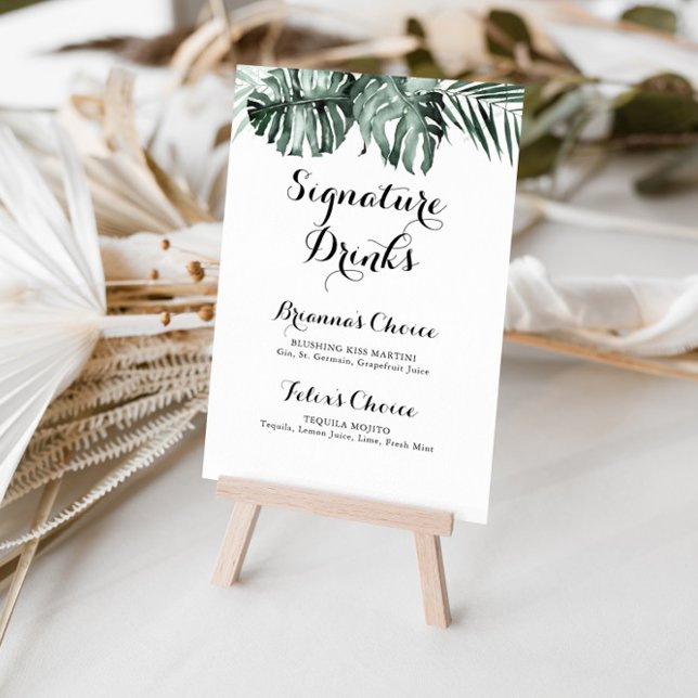 Poster Verde Tropical White Floral Bebidas Sinais (Criador carregado)