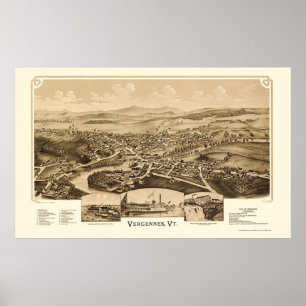 Pôster Vergennes, mapa panorâmico do VT - 1890