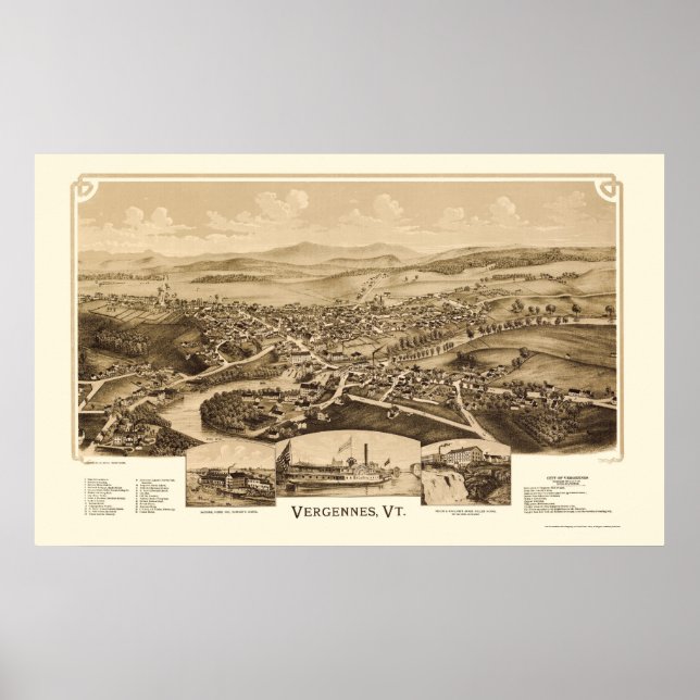 Pôster Vergennes, VT Panorâmica Map - 1890 (Frente)