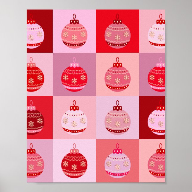 Poster Verificação De Natal - Ornamentos Vermelhos E Rosa (Frente)