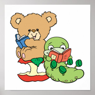 Pôster Verme de livro bonito e urso de leitura