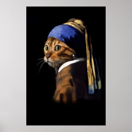 Poster Vermeer Spoof Puss com Pérola Ouvindo Posto Grande