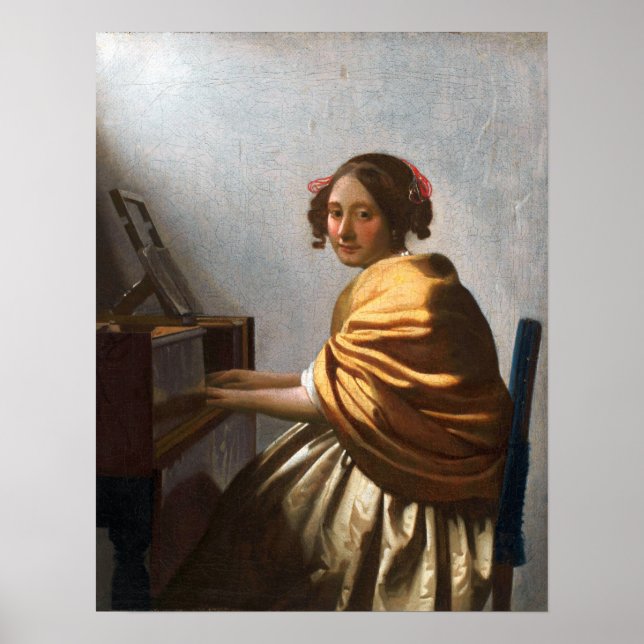 Poster Vermeer - Uma Jovem Mulher Sentada Nas Virginais (Frente)