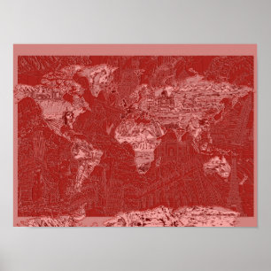 Pôster vermelho 1 do mapa do mundo