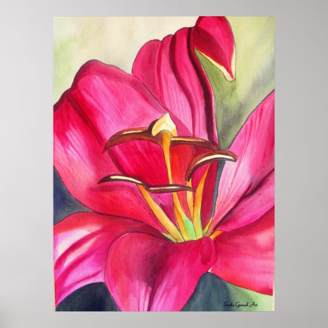 Pôster Vermelho Alerta Lily - pintura em flor de aquarela (Frente)