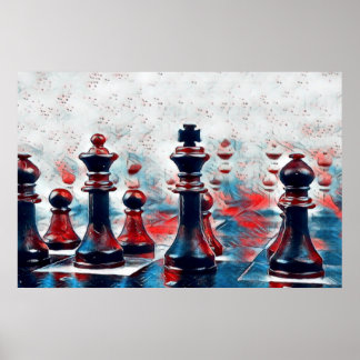Poster Vermelho, Branco, Azul Xadrez Peças King, Queen, B