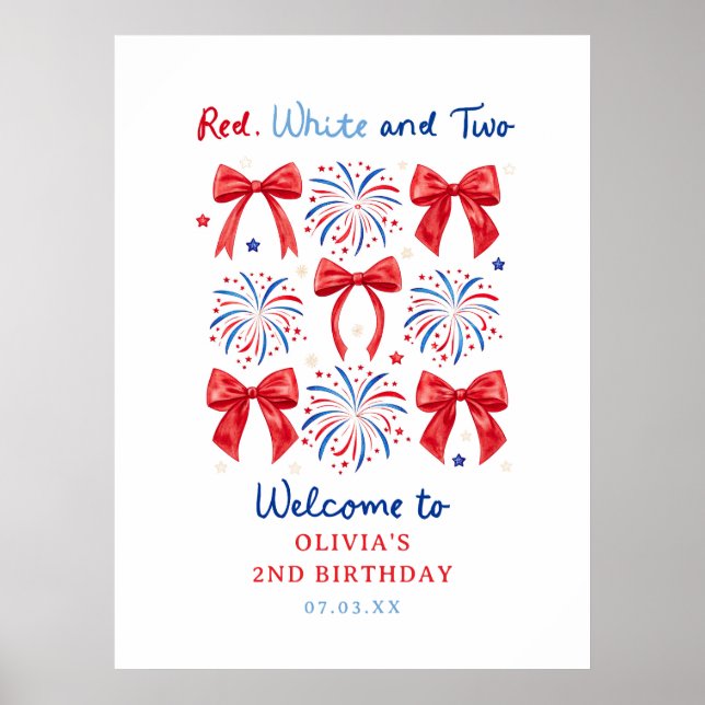 Poster Vermelho Branco e Dois Menina de Julho Aniversário (Frente)