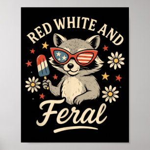 Poster Vermelho Branco E Feral 4 De Julho Fofos Guaxinins