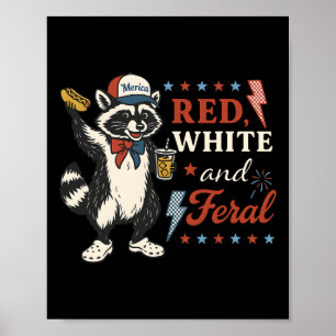 Poster Vermelho Branco E Feral Guaxinim Engraçado 4 De Ju