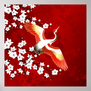 Poster Vermelho de Flor Branca de Crane Japonesa