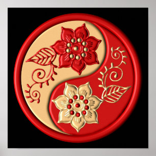 Poster Vermelho e Dourado Floral Yin Yang