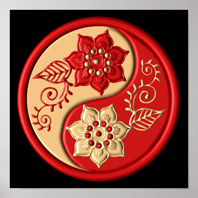 Poster Vermelho e Dourado Floral Yin Yang (Frente)