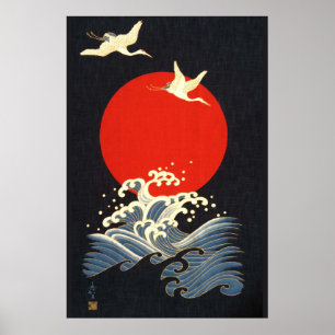 POSTER VERMELHO, JAPONÊS VOANDO CRANES, ONDAS MARÍTIMAS E