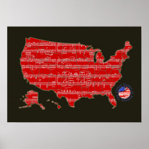 Poster vermelho/preto u.s.a. mapa de notas de música