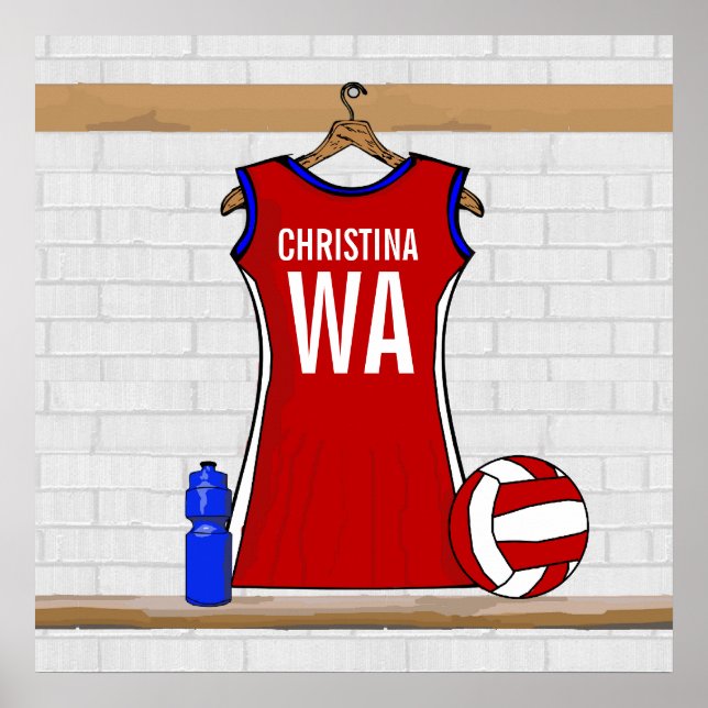 Pôster Vermelho Uniforme Netball Personalizado com Azul e (Frente)