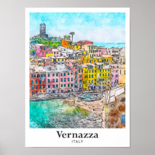 Poster Vernazza Itália Viagem Watercolor Sketch Drach
