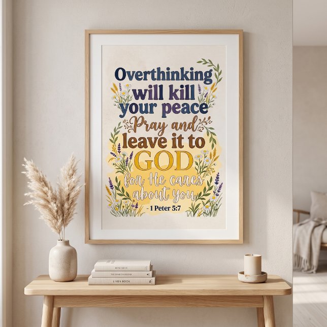 Poster Versículo Bíblico Fé Cristã Tipografia Aquarela (1 Peter 5:7 Bible Verse Scripture for Anxiety & Worry Christian Watercolor  Wall Art Poster )