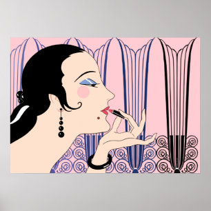 Pôster Véspera, senhora do art deco no rosa e no azul