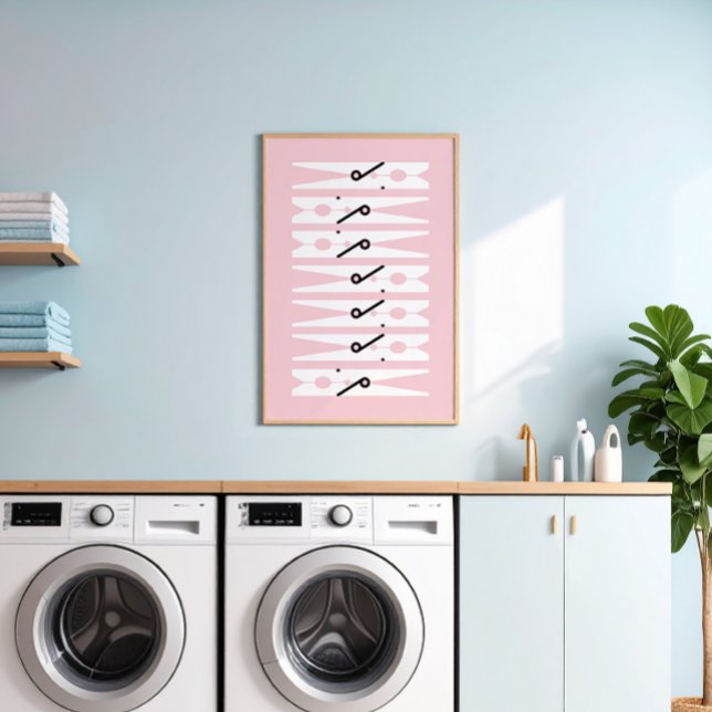 Poster Vestes Pinos Sala de Lavagem Preta-Branca e Rosa (pale pink and white modern graphic clothes pins art for a fun laundry room)