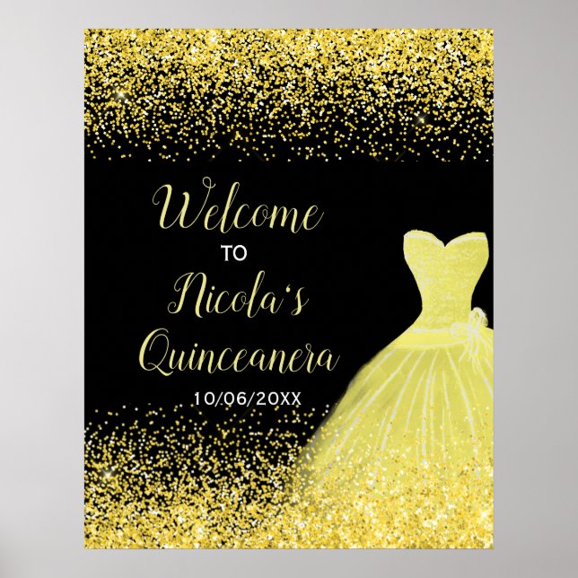 Poster Vestido Amarelo Faux Glitter Quinceanera Bem-vindo (Frente)