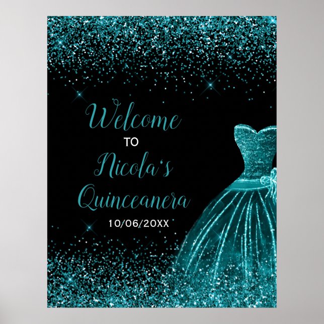 Poster Vestido Azul Teal Faux Glitter Quinceanera Bem-vin (Frente)