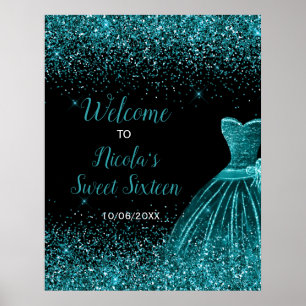 Poster Vestido Azul Teal Faux Glitter Sweet 16 Welcome