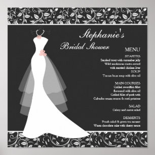 Pôster Vestido de casamento branco preto, menu do damasco