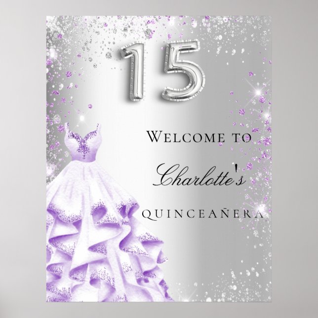Poster Vestido de cintura roxa prateada de Quinceanera (Frente)