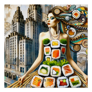 Pôster Vestido de Sushi Abstrato Fofo Fantasia