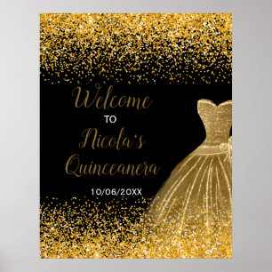 Poster Vestido Dourado Brilho Falso Boas-Vindas Quinceane