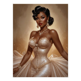 Pôster Vestido Dourado de Cabelo Preto Pin-Up