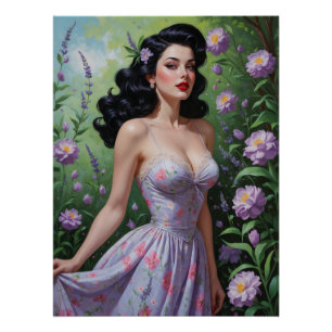 Pôster Vestido Floral Roxo Brunette Pin-Up